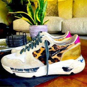 RARE! Golden Goose Running GGDB Sneakers Size 36 6 Calf Hair Leopard Pink Gold